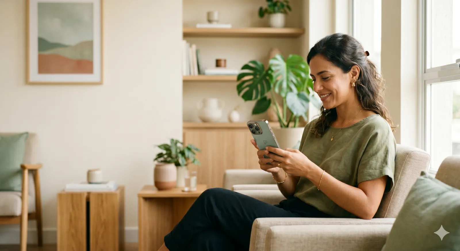 Mulher tranquila em uma recepção de clínica, conferindo o celular